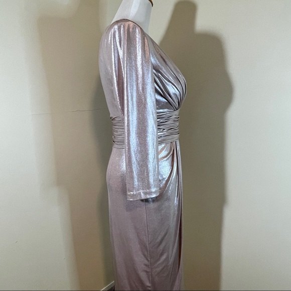 Vince Camuto Women's Size 6 Taupe Rose Metallic Ruched Waist Long Sleeve Dress - Picture 6 of 10